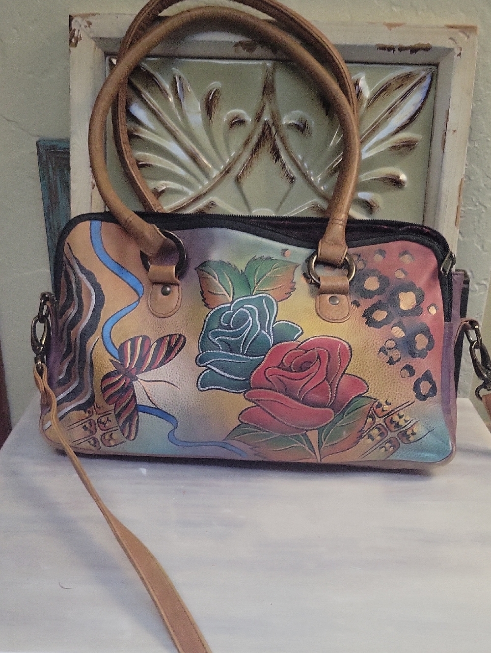 Anuschka Rose and Leopard Leather Satchel